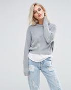 Pull & Bear Cropped Sweater With Balloon Sleeve - Gray