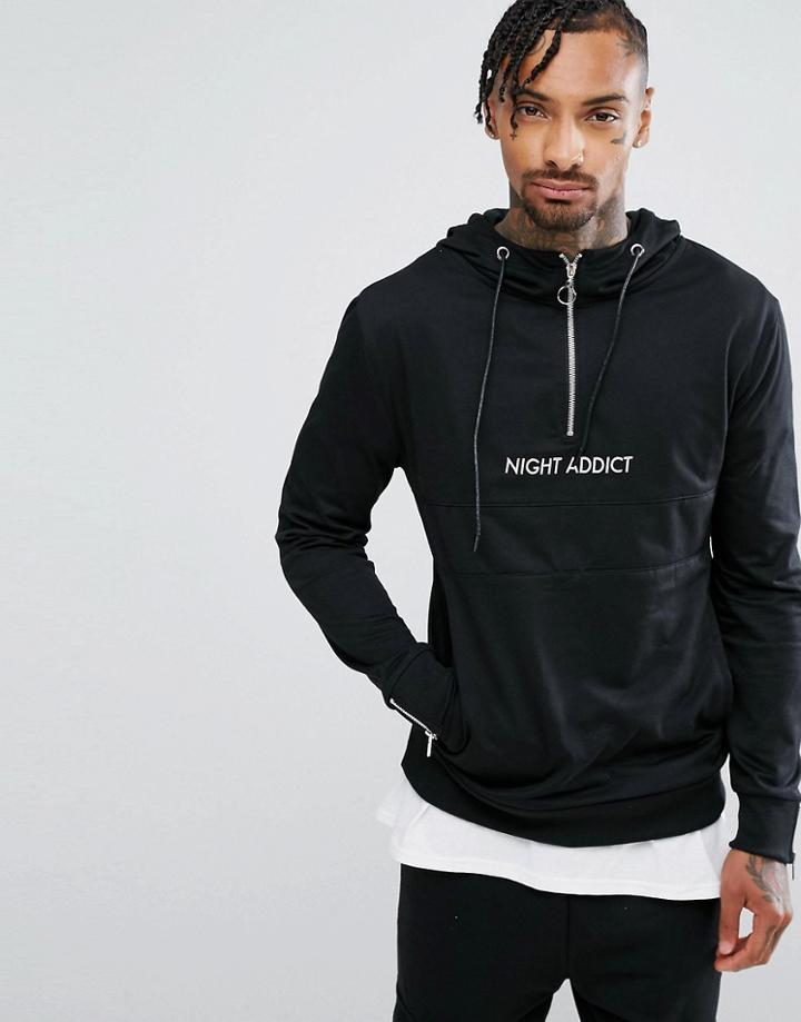 Night Addict Pull Zip Cuff Neck Hoodie - Black