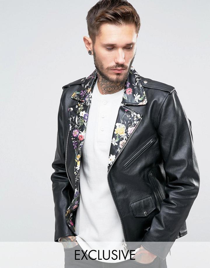 Reclaimed Vintage Leather Biker Jacket With Floral Collar - Black