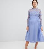 Chi Chi London Maternity High Neck Midi Skater Dress With Lace Sleeves-blue