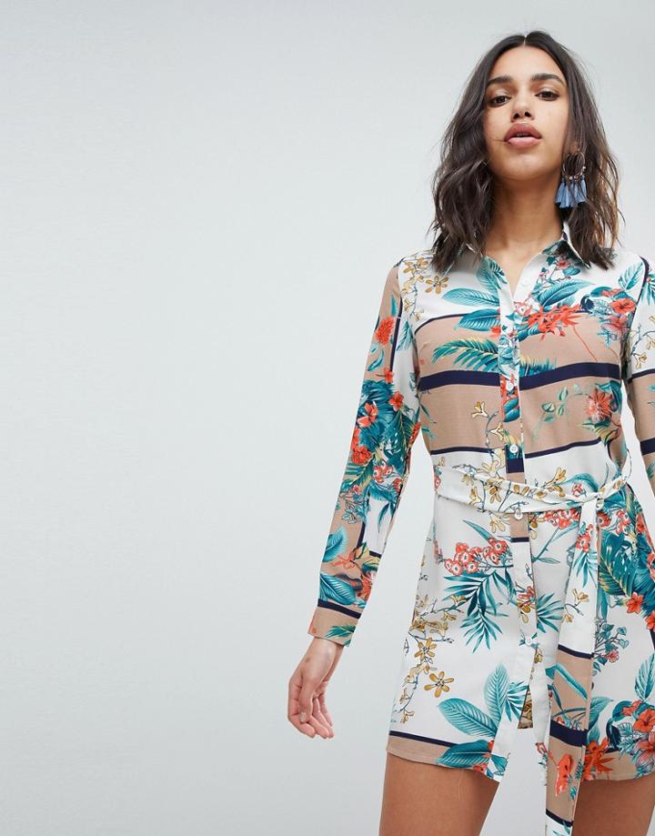 Love & Other Things Floral Print Front Tie Shirt Dress - Orange