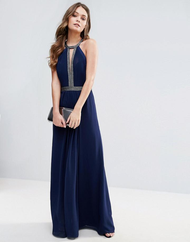 Lipsy Bandeau Fishtail Maxi Dress With Lace Detail - Navy