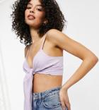 Asos Design Tall Washed Tie Front 3 Piece Linen Suit Crop Top In Lilac-purple