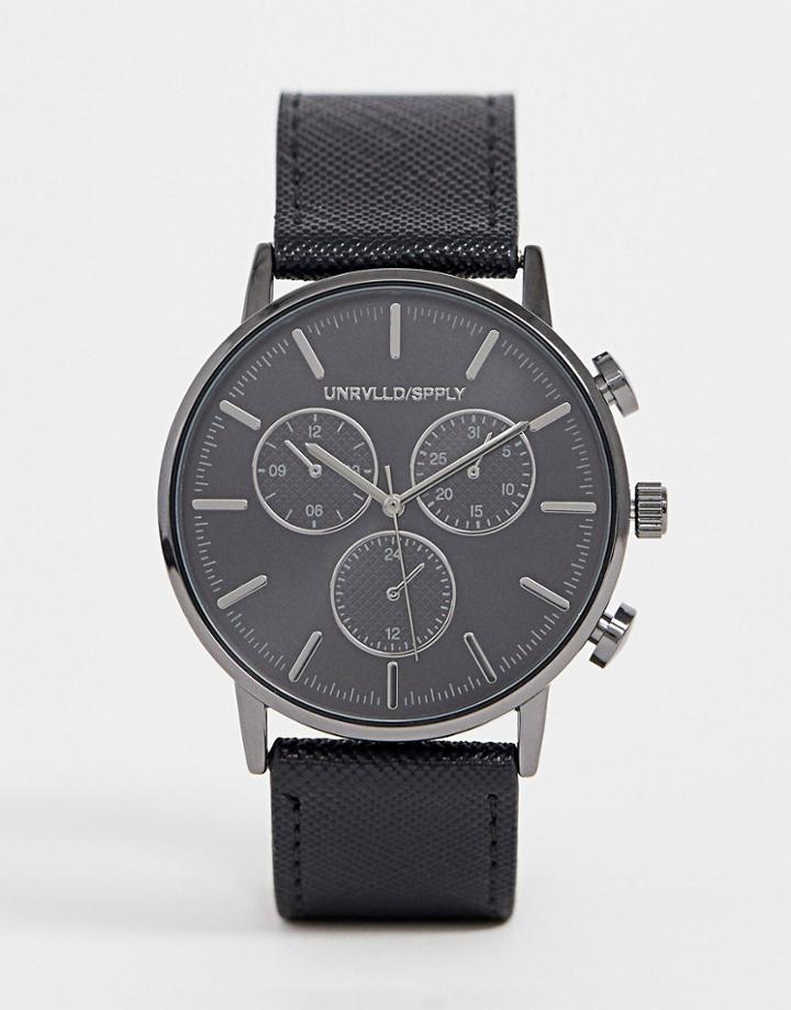 Asos Design Classic Watch With Gunmetal Sub Dials And Black Saffiano Strap