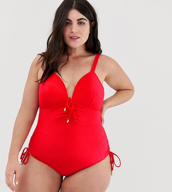 Lost Ink Plus Size Ruched Detail Swimsuit - Red