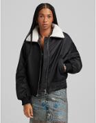 Bershka Sherpa Lined Bomber Jacket In Black