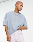 Asos Design Oversized T-shirt With Half Sleeve In Linen Look Fabric In Light Blue-blues
