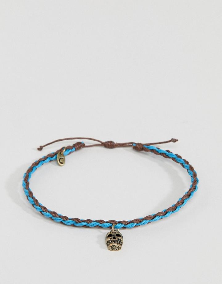 Classics 77 Blue & Brown Braided Anklet With Burnished Gold Skull Charm - Blue