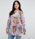 Asos Curve Tunic In Floral Print With Tie Sleeves - Multi