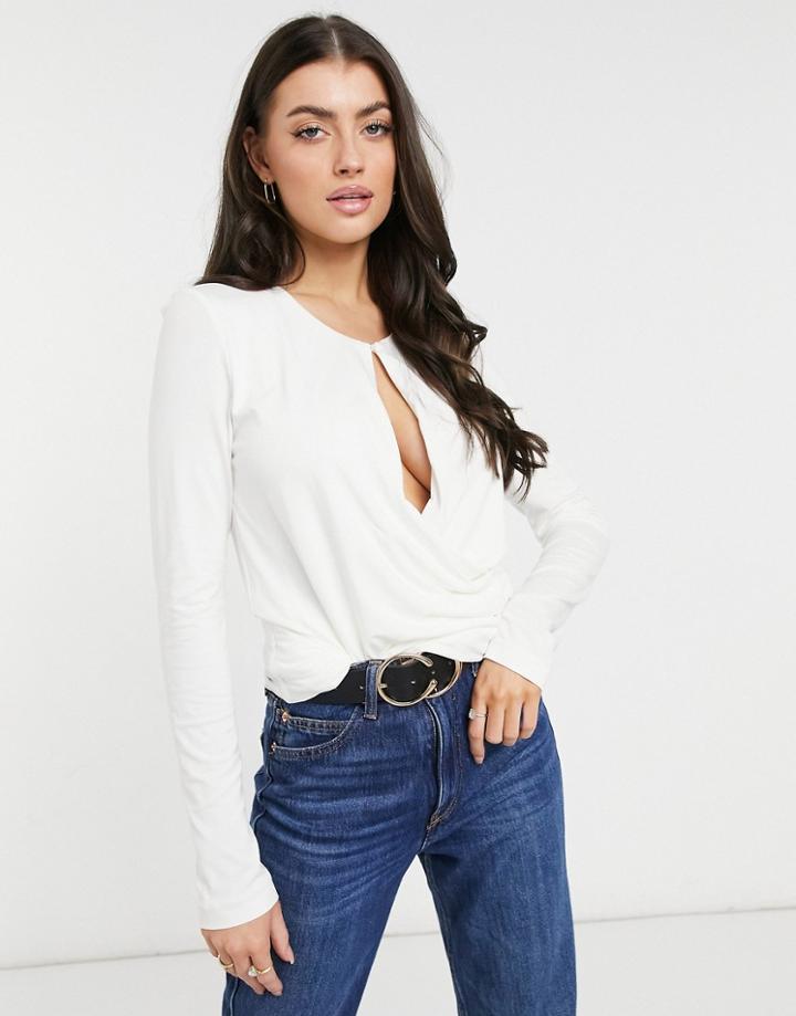 French Connection Draping Wrapped Long Sleeve Top In Cream-white