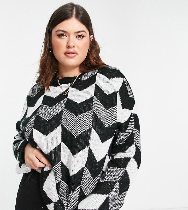 In The Style Plus X Lorna Luxe Chevron Oversized Sweater In Black Multi