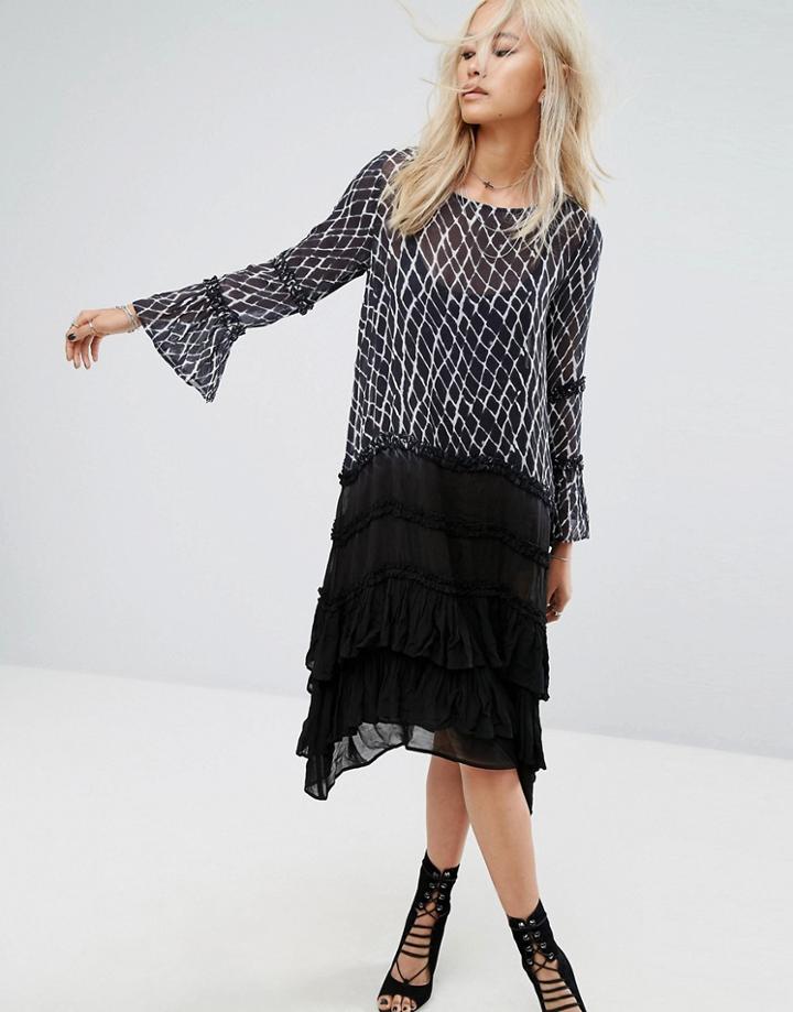 Religion Tiered Maxi Dress In Faded Tie Dye - Black