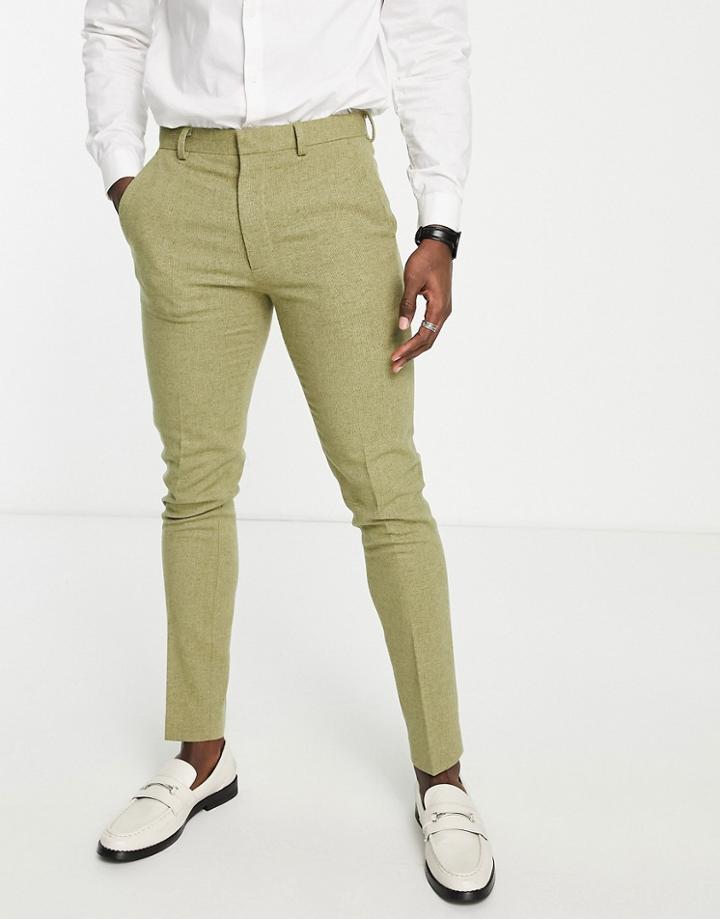 Asos Design Wedding Skinny Wool Mix Pants In Sage Basketweave Texture-green
