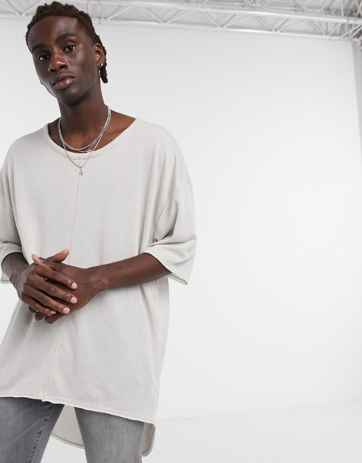 Asos Design Oversized Extreme Longline T-shirt With Half Sleeve In Drapey Textured Fabric-neutral