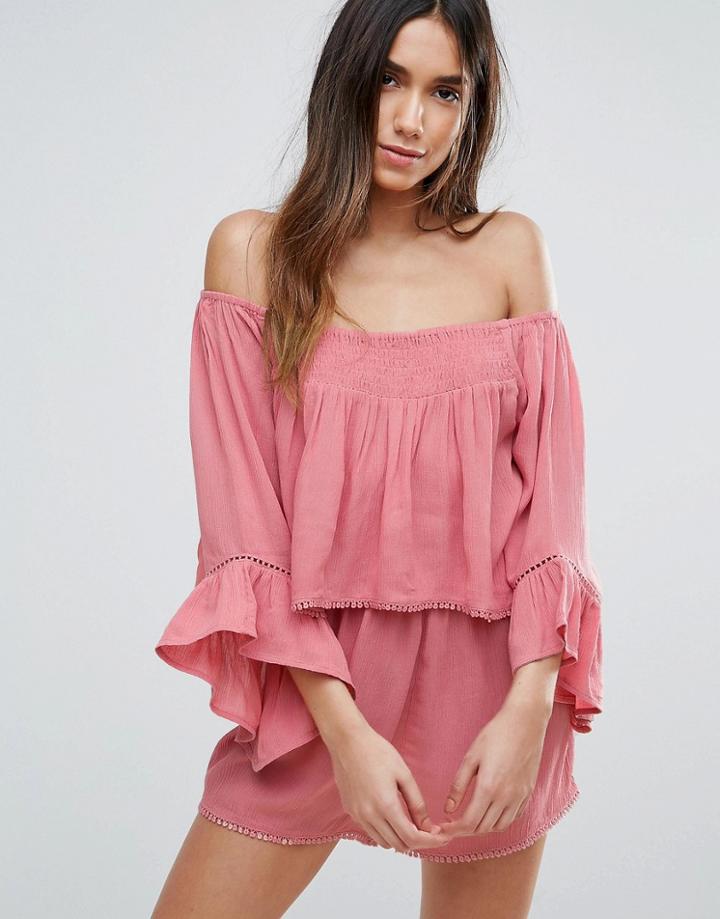 Asos Beach Co-ord Off Shoulder Top With Floaty Sleeve And Trim Detail - Pink