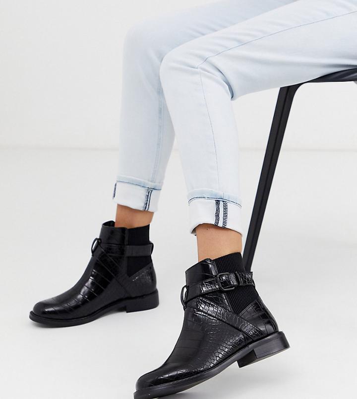 Asos Design Wide Fit Brooklyn Flat Ankle Boots In Black Croc