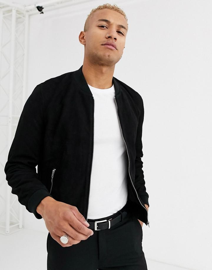 Asos Design Suede Bomber Jacket In Black