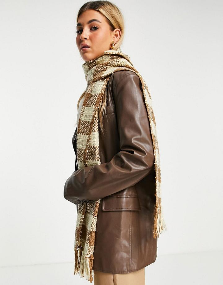 Topshop Boucle Gingham Scarf In Brown Print