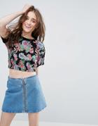 Asos Crop Top With Gathered Hem In Tropical Floral - Multi