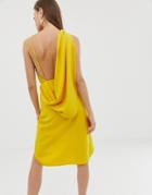 Asos Design Midi Dress With Drape Open Back In Crepe - Yellow