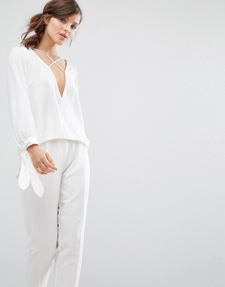 Parallel Lines Drape Front Top With Cross Strap Detail And Tie Cuffs -