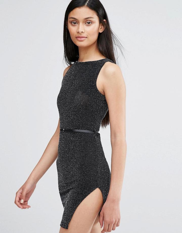 Love Glitter Dress With Belt - Black