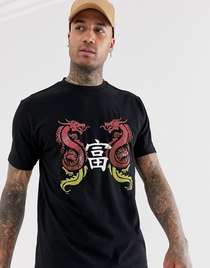 Asos Design Relaxed T-shirt With Dragon Sequin Embellishment And Print - Black
