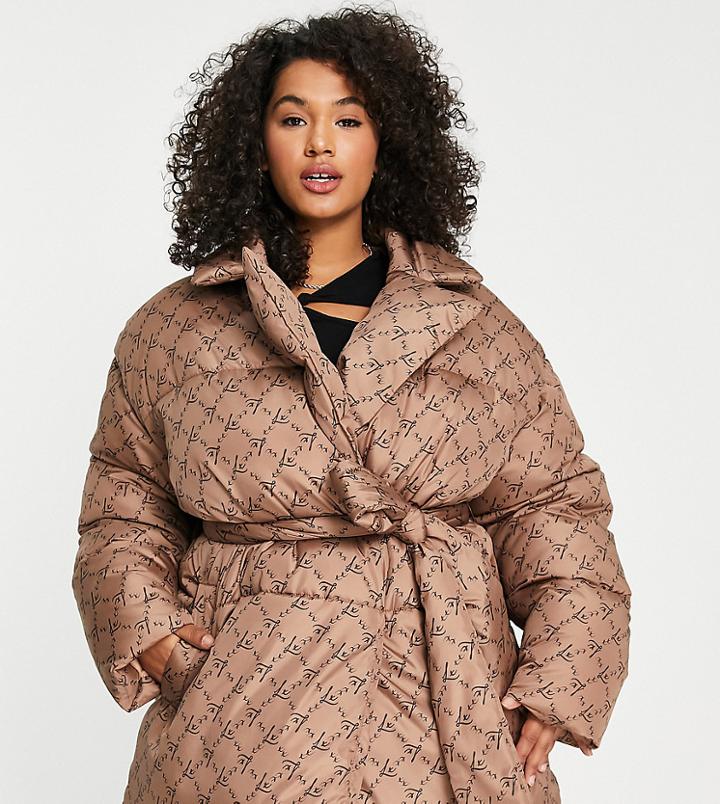 Asos Luxe Curve Wrap Puffer Jacket In Monogram Print-multi