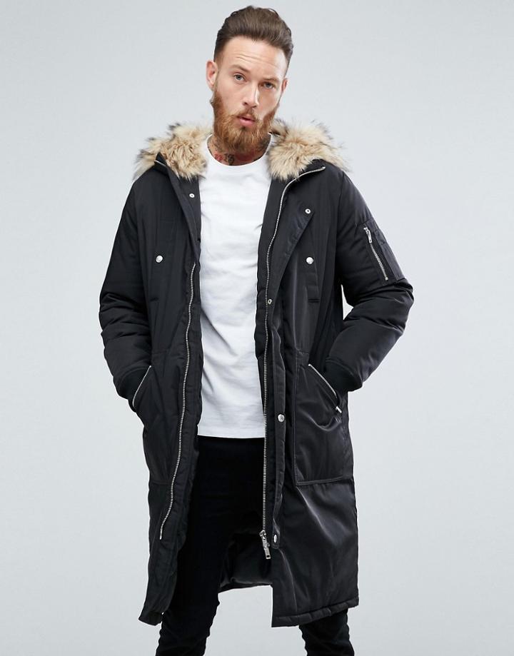 Asos Heavyweight Parka With Faux Fur Trim In Black - Black