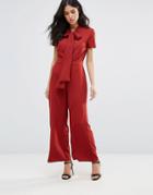 Oh My Love Wide Leg Jumpsuit With Neck Tie - Red