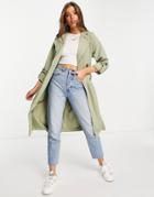 Stradivarius Recycled Polyester Trench Coat In Light Khaki-green