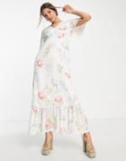 Twisted Wunder Flutter Sleeve Maxi Tea Dress In Botanical Floral-white