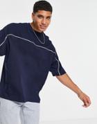 Asos Design Oversized Half Sleeve Cut And Sew T-shirt In Navy With White Piping