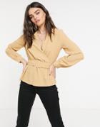 Vero Moda Wrap Blouse With Belted Waist In Tan-brown
