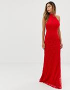 Liquorish Halterneck Maxi Dress With Lace Overlay And Trim Detail - Red
