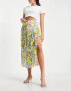 Asos Design Pleated Midi Skirt With Deep Waistband In Bright Floral Print-multi