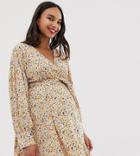 Asos Design Maternity Mini Wrap Front Dress With Statement Sleeve In Ditsy Print-multi