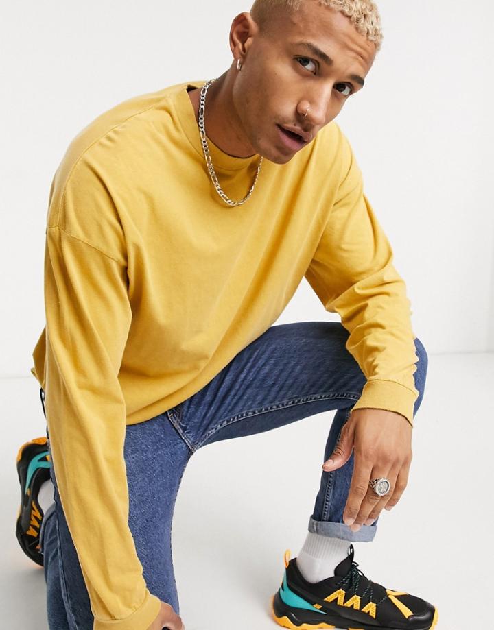 Asos Design Oversized Long Sleeve T-shirt With Yellow Acid Wash