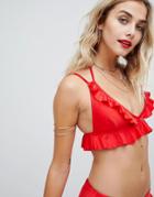 Asos Design Textured Frill Detail Crop Bikini Top - Red