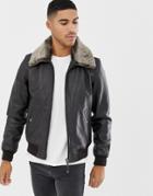 Schott Leather Flight Jacket Detachable Faux Fur Collar Slim Fit In Dark Brown/black - Brown