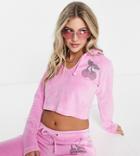 Asyou Velour Cropped Hoodie With Cherry Graphic In Pink