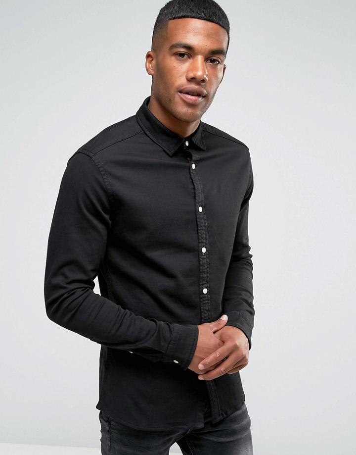 Asos Skinny Denim Shirt In Black Overdye - Black