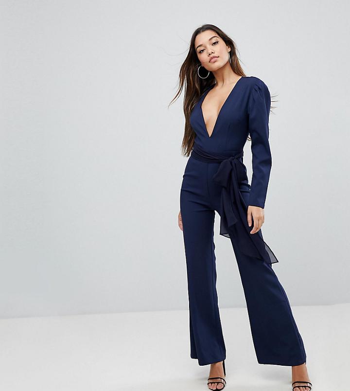 Missguided V-neck Plunge Long Sleeve Tie Waist Jumpsuit - Navy