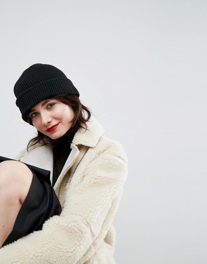 Asos Boyfriend Knit Beanie With Double Turn Up - Black