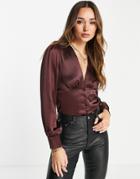 Flounce London Satin Blouse With Buttons In Midnight Brown