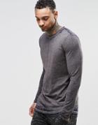 Asos Longline Long Sleeve T-shirt With Burn Wash And Seam Detail - Navy