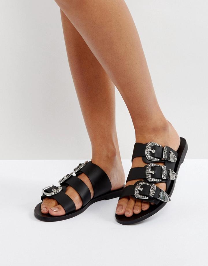 Sol Sana Peggy Black Leather Western Slide Sandals - Black