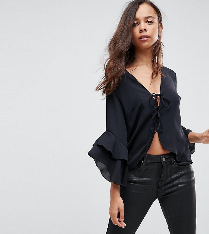 John Zack Petite Tie Front Blouse With Ruffle Sleeve - Black