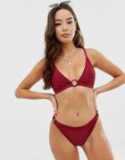 Boohoo Ring Detail Bikini Top In Burgundy - Red