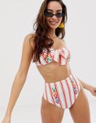 Asos Design Recycled Chevron Embroidered Bandeau Bikini Top In Red Stripe - Multi